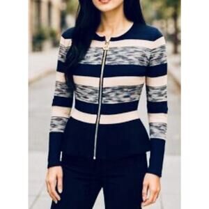 Women’s Inc International Zip Sweater Striped peplum Long Navy Black medium